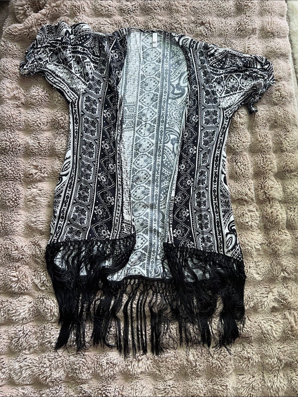 Xhilaration Black and White Paisley Fringe Cardigan